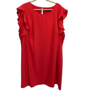 Leslie Fay Red Ruffle Sleeve‎ Shift Dress Plus Size 22W Lined Scoop Neck
